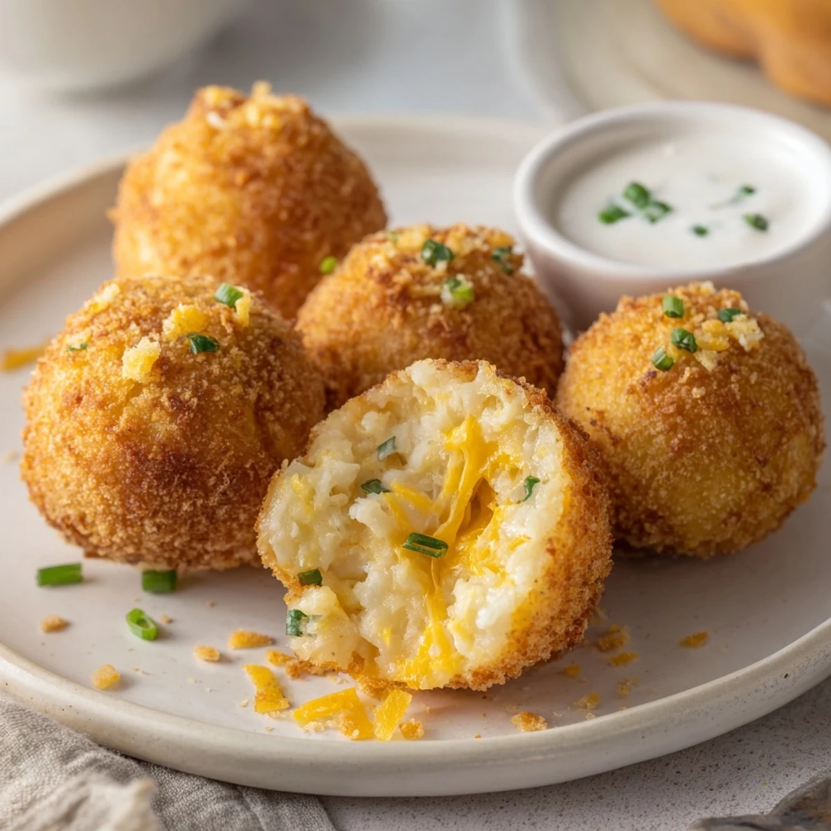 Hand-rolled Fried Mashed Potato Balls, panko-crusted and freshly fried on paper towels