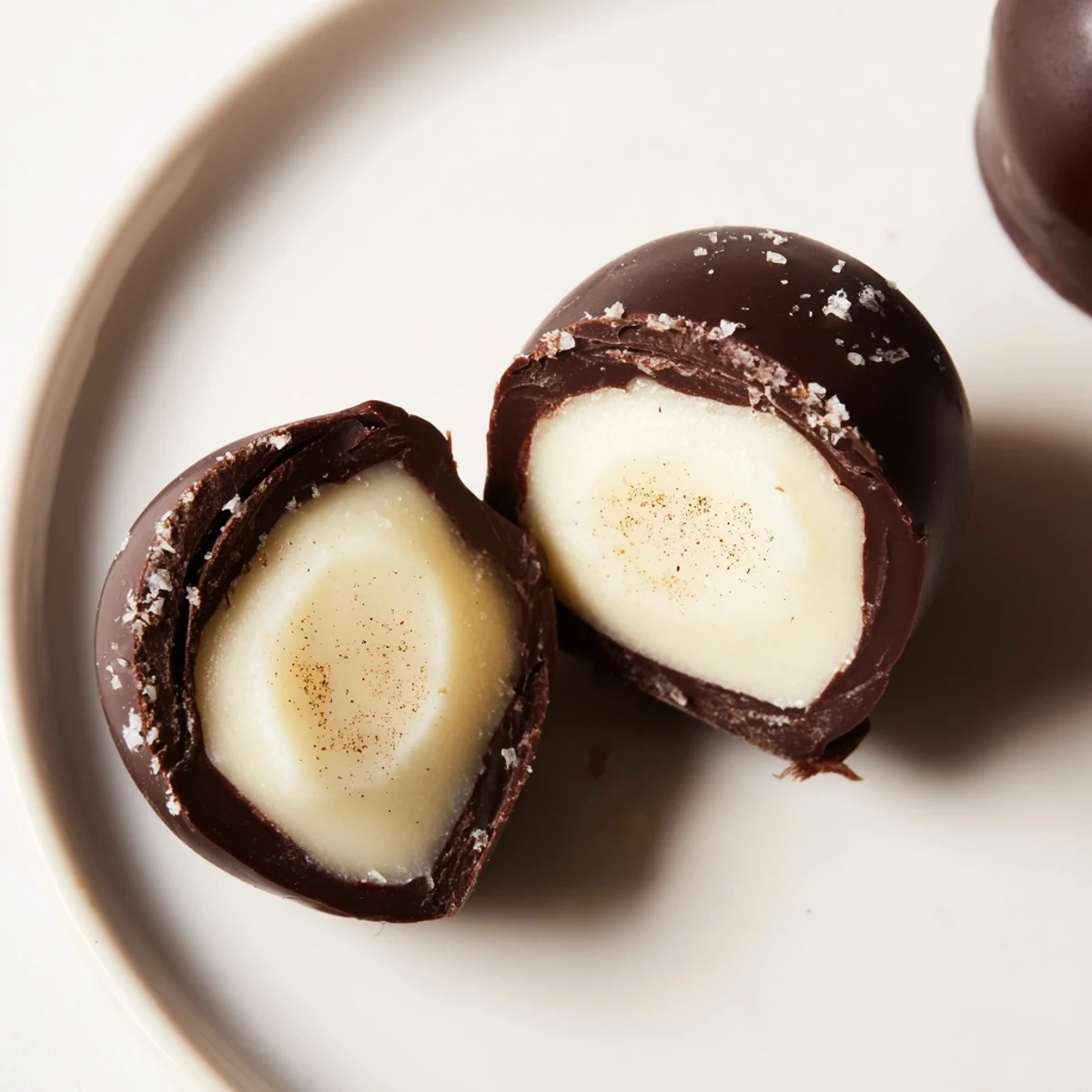 Dark Chocolate Eggnog Truffles nestled on parchment, glossy shells dusted with nutmeg