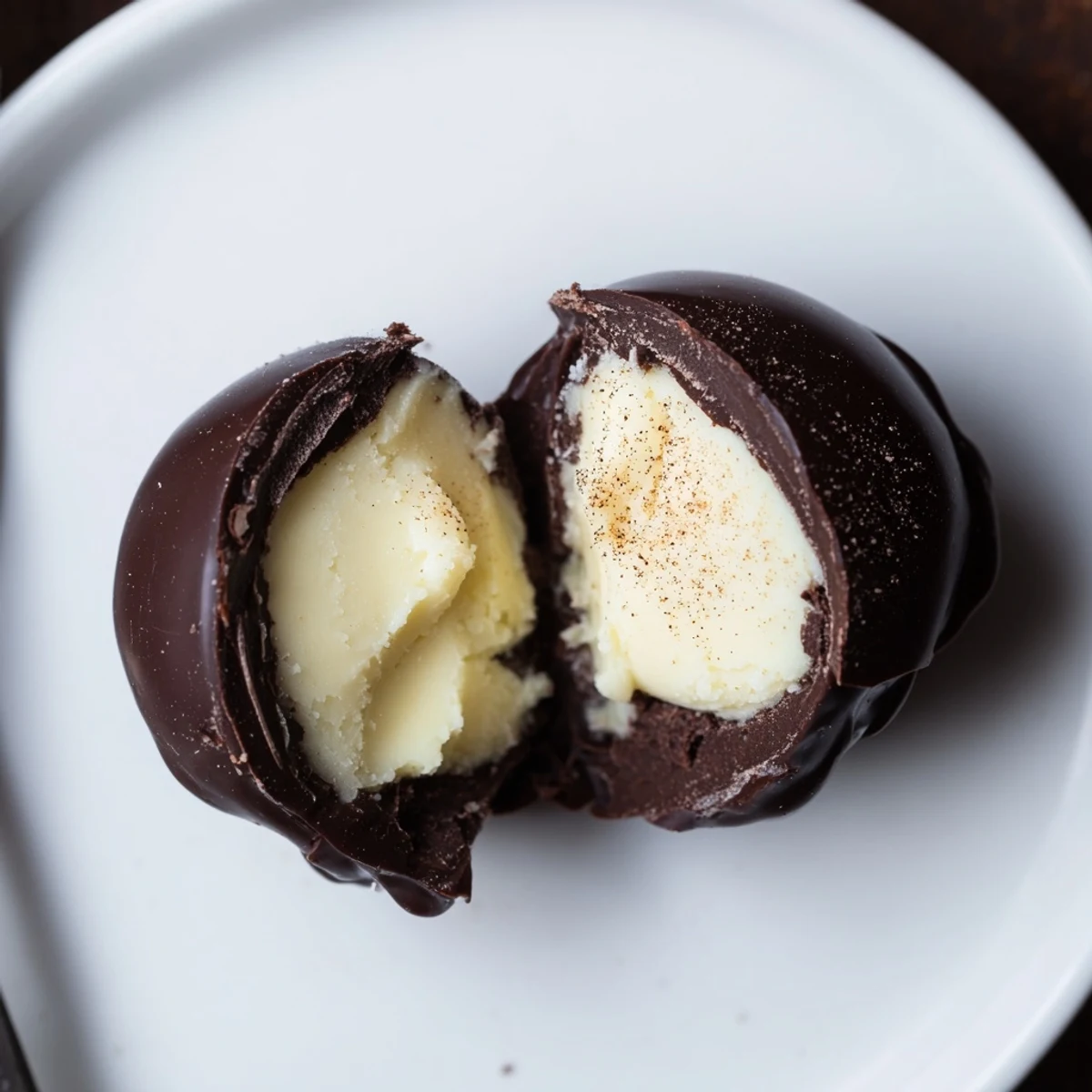 Plated Dark Chocolate Eggnog Truffles, creamy centers revealed beside coffee mug