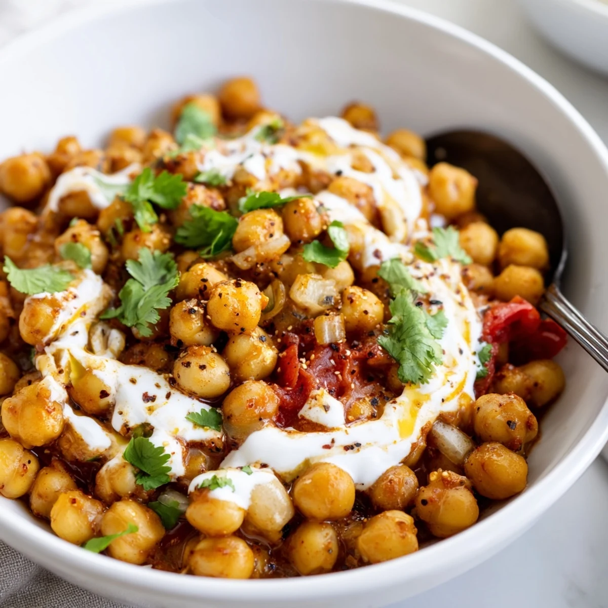Creamy Greek Yogurt Chickpea Curry steaming in skillet, garnished with cilantro
