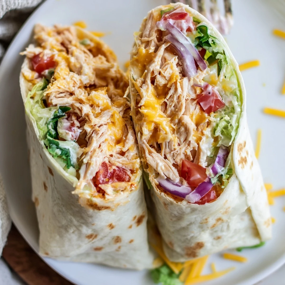 Cheesy Garlic Chicken Wraps with gooey cheddar, warm tortillas, crisp romaine