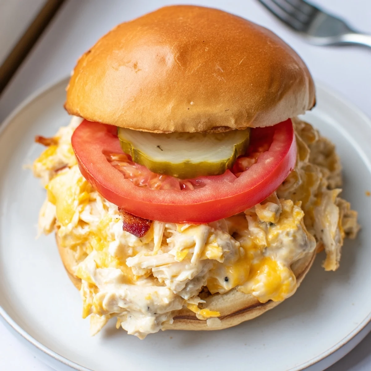 Warm Crack Chicken Sandwiches piled high with melted cheddar and crispy bacon