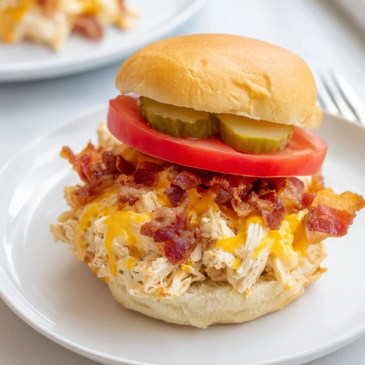 Bubbly baked Crack Chicken Sandwiches spooned warm onto buns, perfect for gatherings