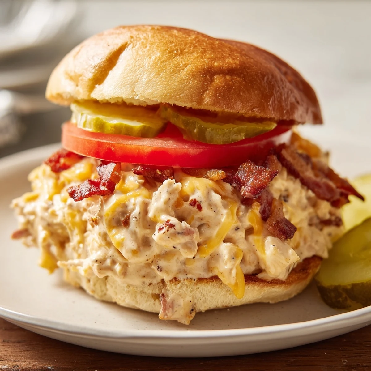 Oozy Crack Chicken Sandwiches on toasted brioche, ranch tang and pickle slices