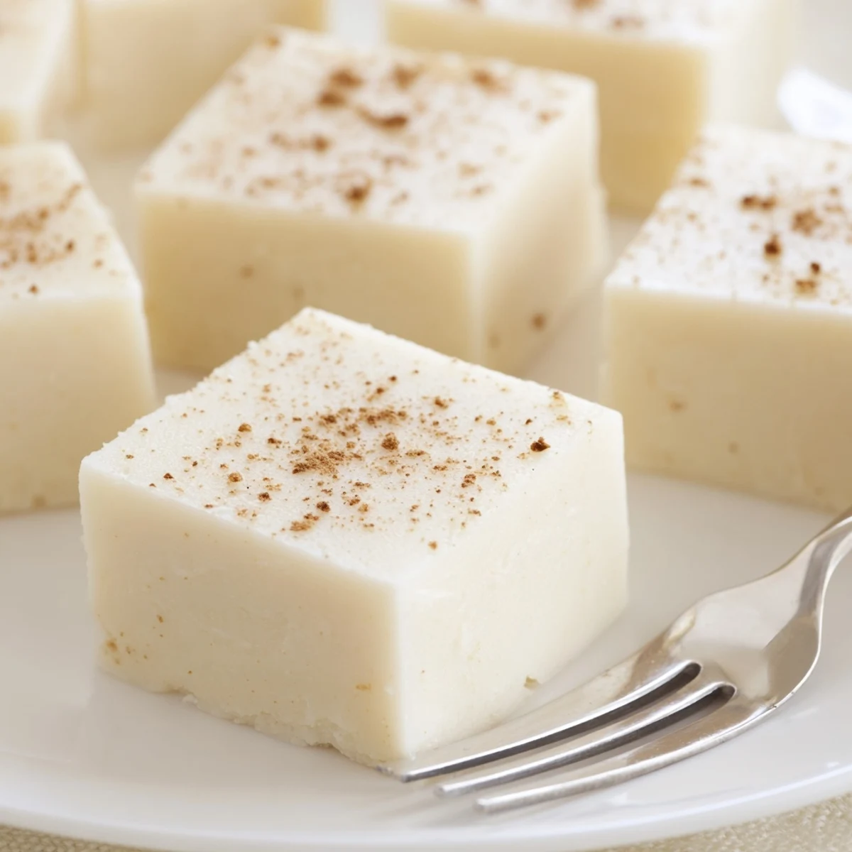 Creamy Eggnog Fudge squares dusted with nutmeg, chilled and ready to serve