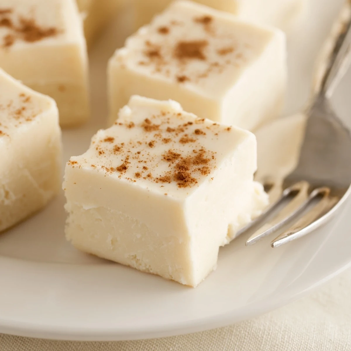 Silky Eggnog Fudge on parchment, cut into generous holiday bite-sized pieces