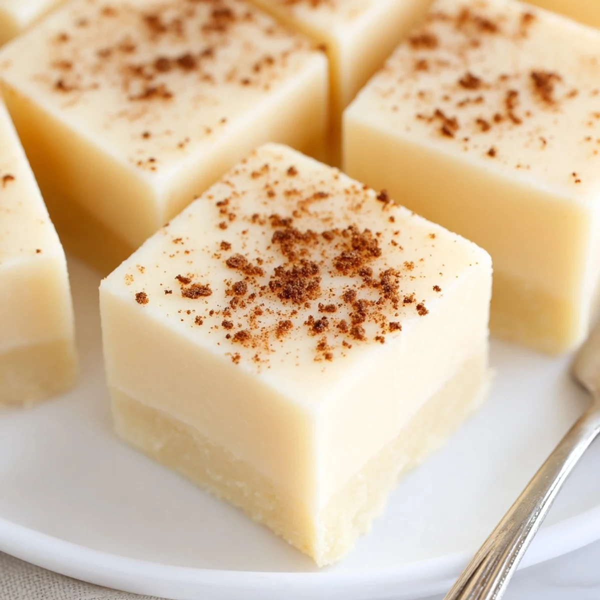 Decadent Eggnog Fudge topped with freshly grated nutmeg and chopped pecans