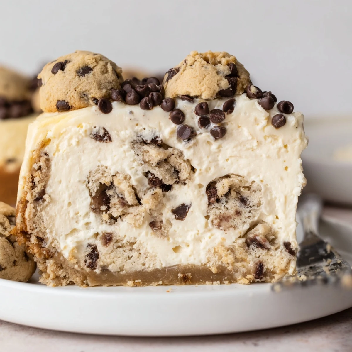 Chocolate Chip Cookie Dough Cheesecake slice shows creamy layers and doughy cookie pockets