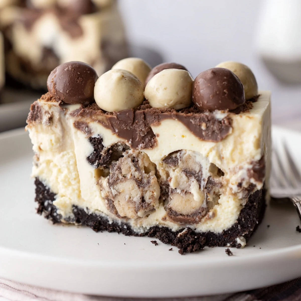 Creamy Chocolate Chip Cookie Dough Cheesecake topped with cookie dough balls and chocolate drizzle