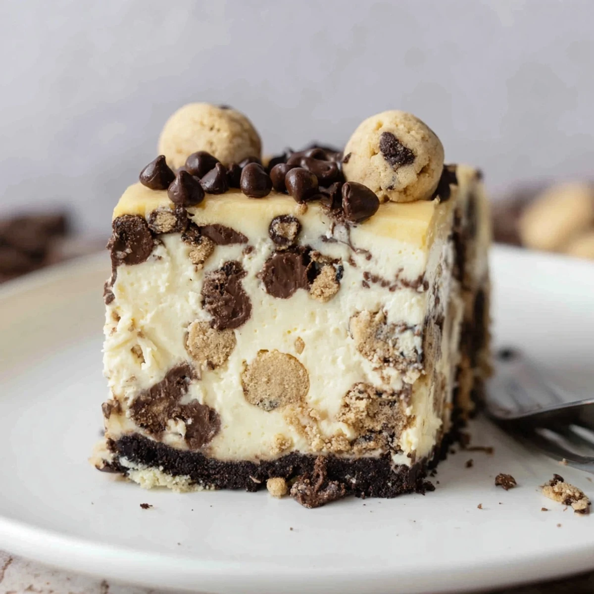 Decadent Chocolate Chip Cookie Dough Cheesecake chilled on plate, speckled with mini chips