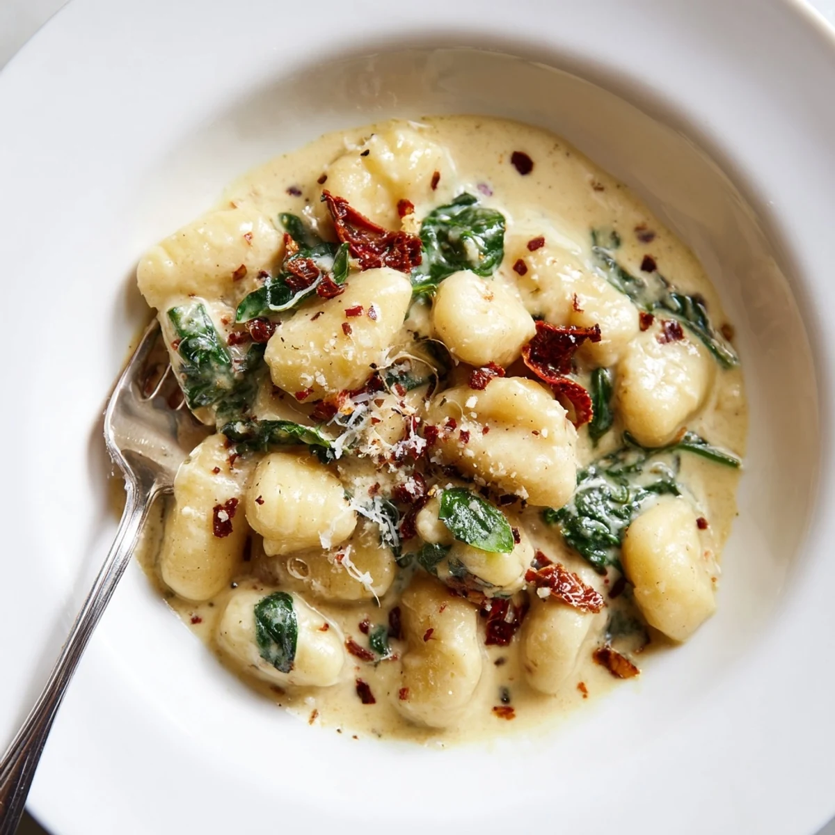 Skillet Marry Me Gnocchi steaming in creamy sauce, Parmesan sprinkled