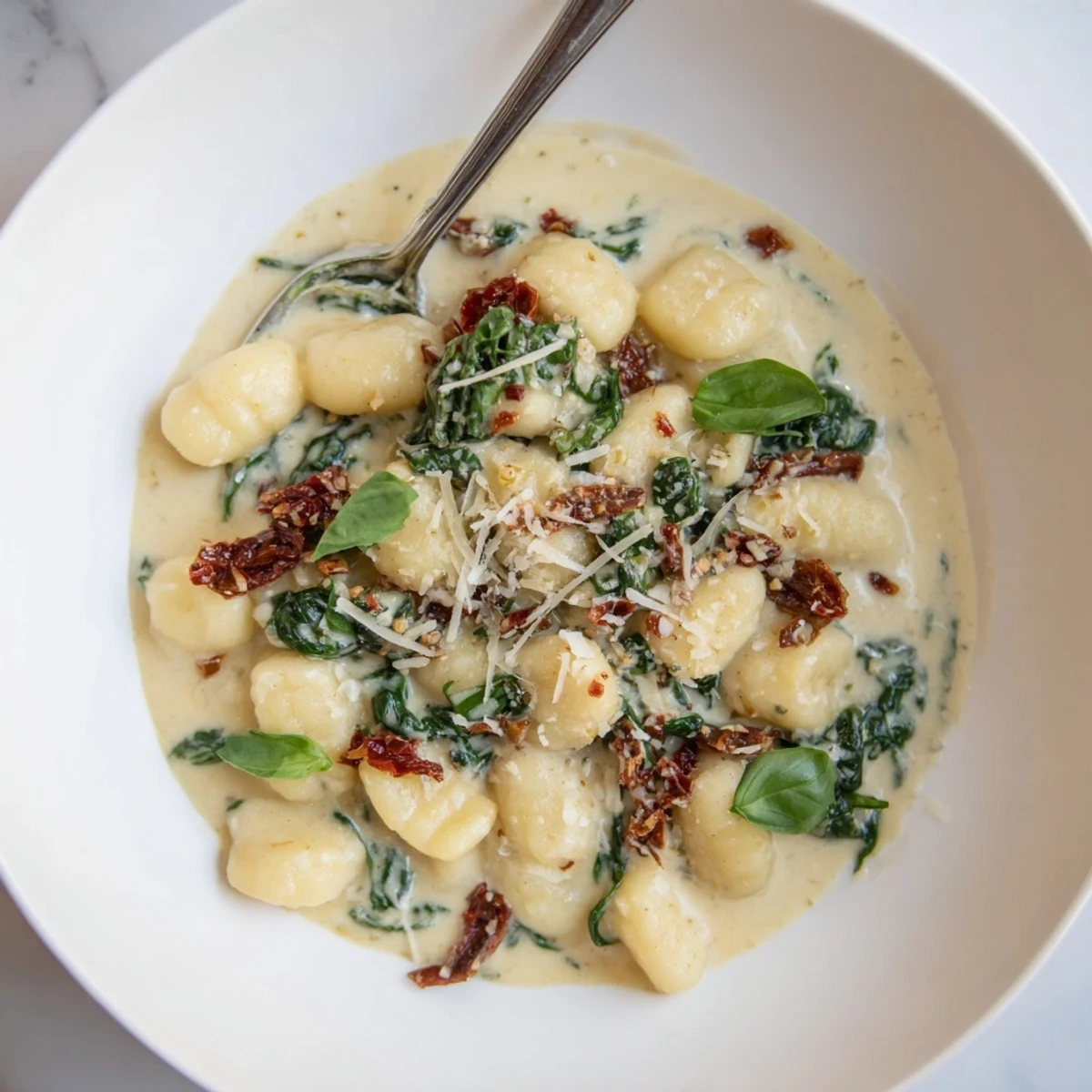 Weeknight Marry Me Gnocchi plated with wilted spinach, garlic aroma evident