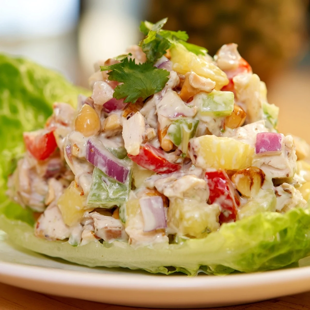 Bright Hawaiian Chicken Salad Recipe served on butter lettuce, garnished with cilantro.