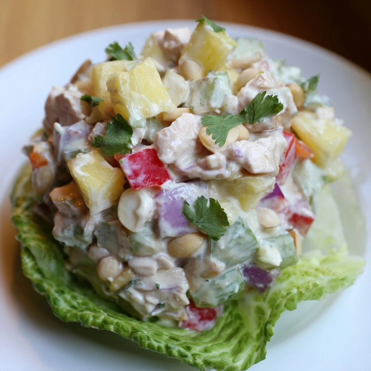 Chilled Hawaiian Chicken Salad Recipe tossed in creamy lime-honey dressing, sprinkled with macadamias.