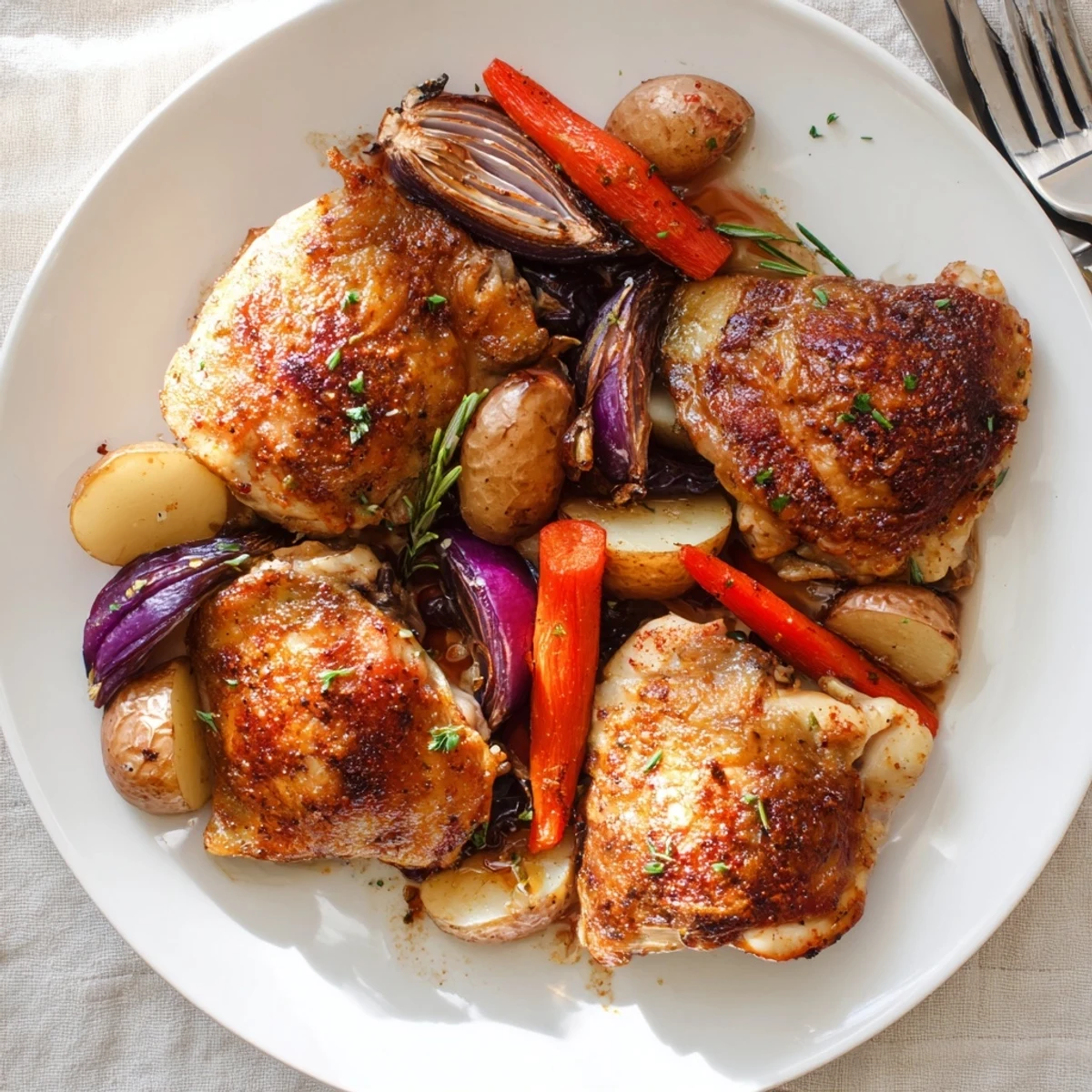 Golden skin and herb-scented potatoes in Sheet Pan Chicken And Potatoes dinner