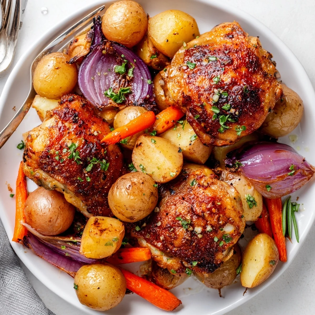 Crispy-skinned Sheet Pan Chicken And Potatoes resting on roasted carrots and onions