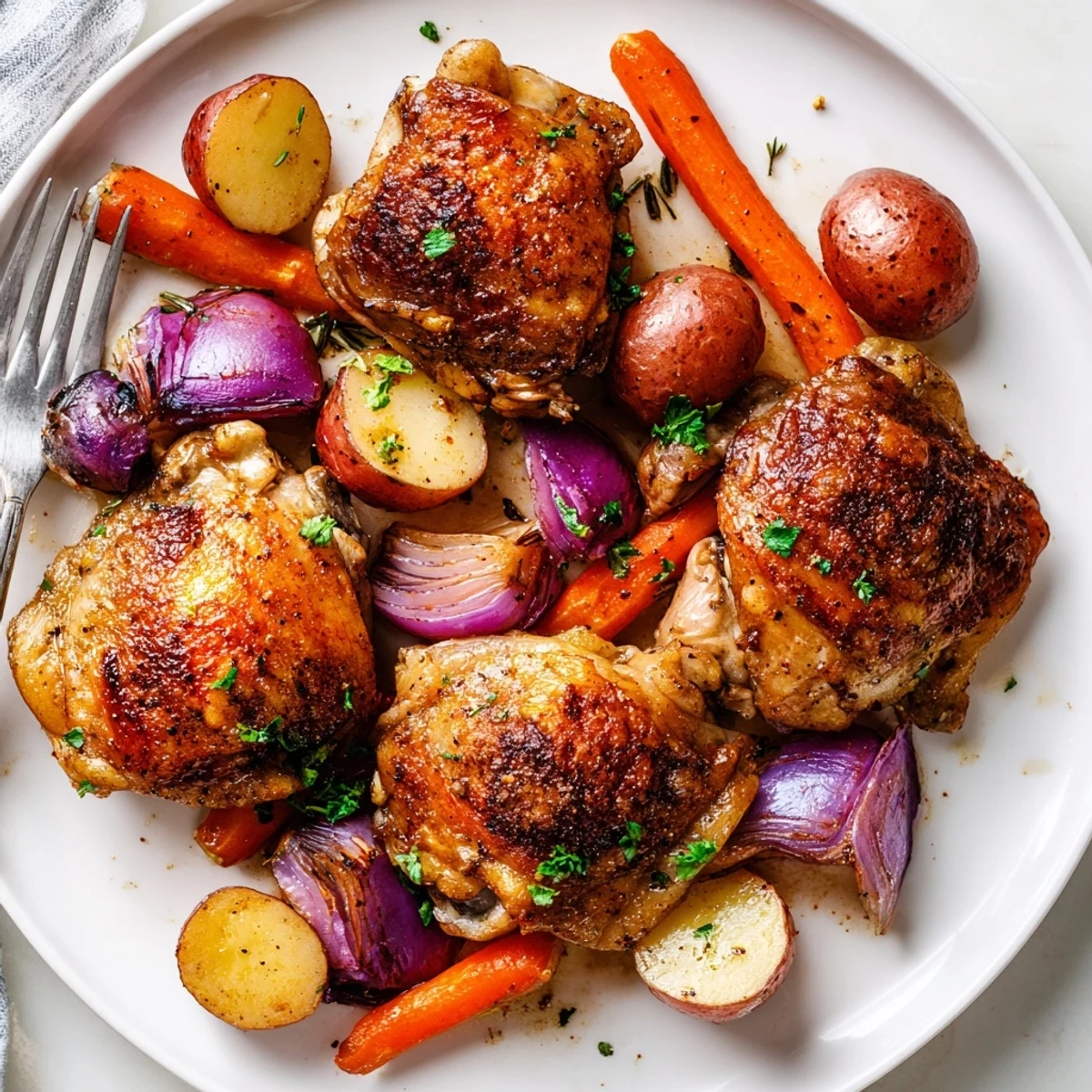 Comforting Sheet Pan Chicken And Potatoes served warm with chopped parsley garnish