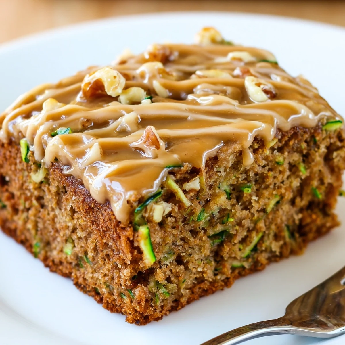 Warm Zucchini Cake With Brown Sugar Icing cooling on a wire rack.