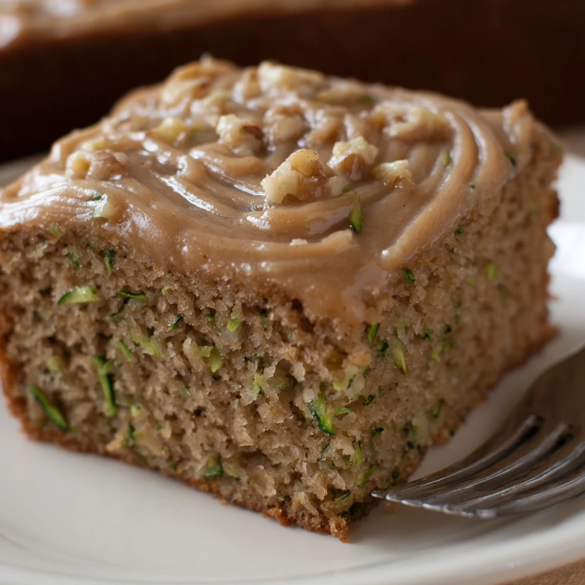 Slice of Zucchini Cake With Brown Sugar Icing served with steaming coffee.