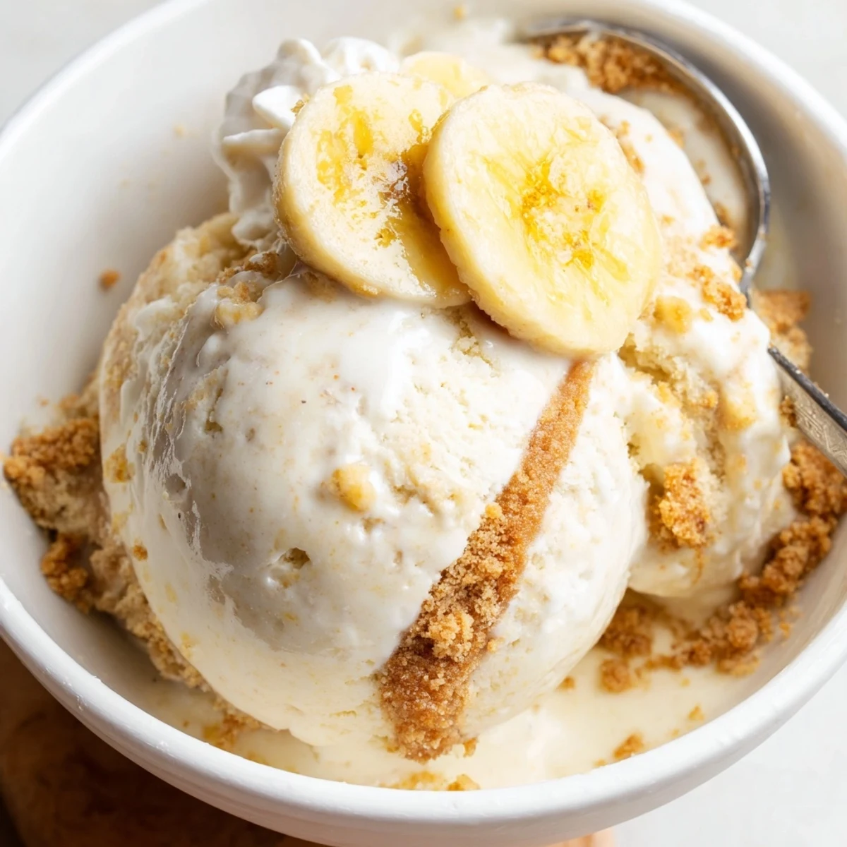 Ninja Creami Banana Cream Pie Ice Cream with graham swirl, silky custardy texture.