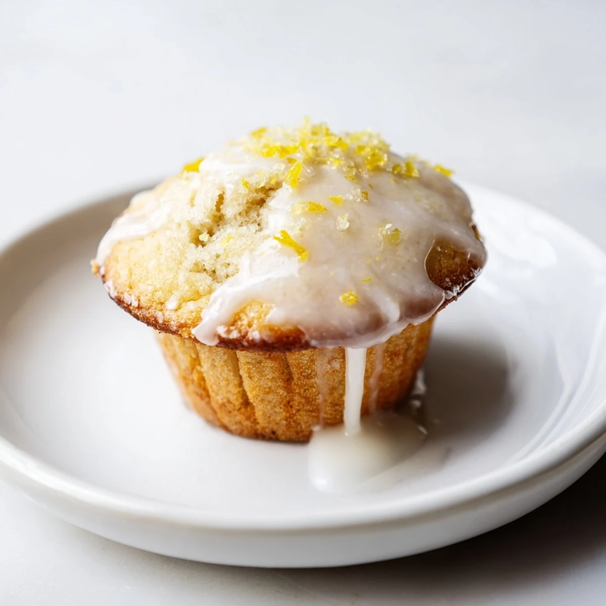 Glazed Lemon Ginger Muffins glistening with sweet tangy glaze, lemon zest flecks  