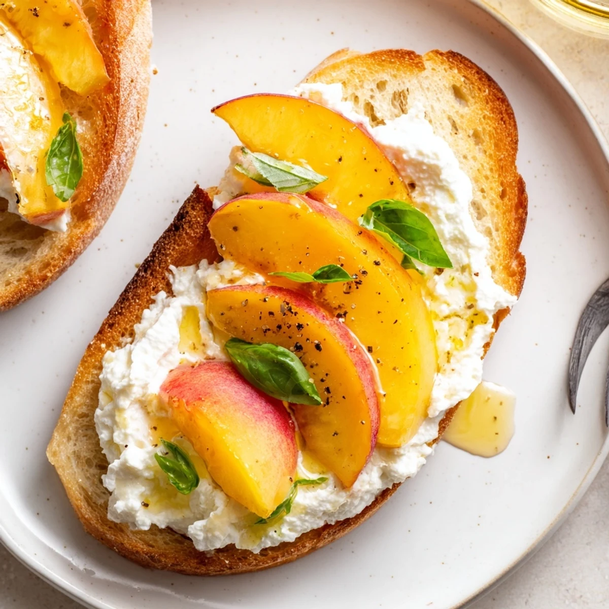 Peach Bruschetta With Whipped Ricotta on toasted baguette, basil and honey drizzle