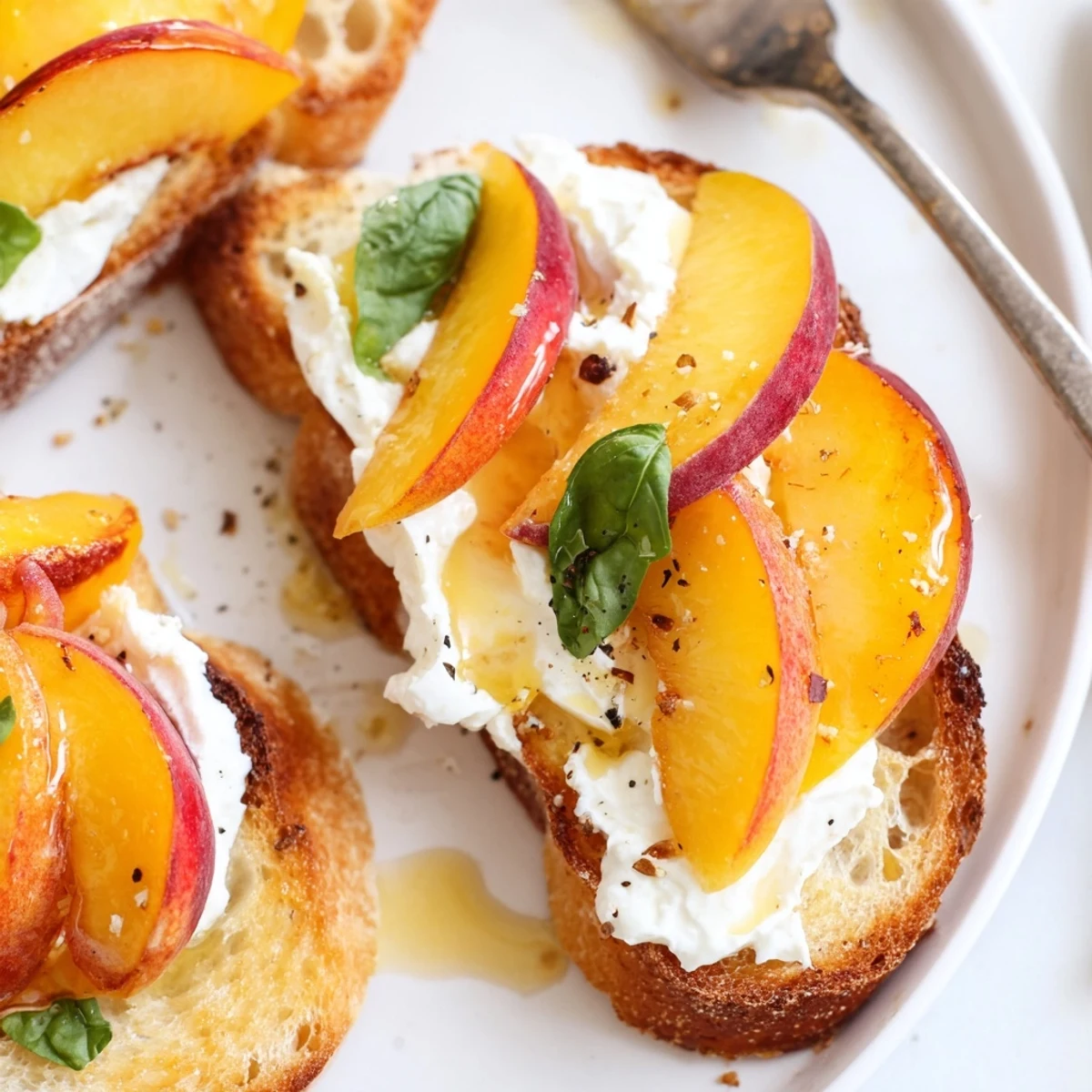 Summer Peach Bruschetta With Whipped Ricotta topped with cracked pepper and flaky sea salt