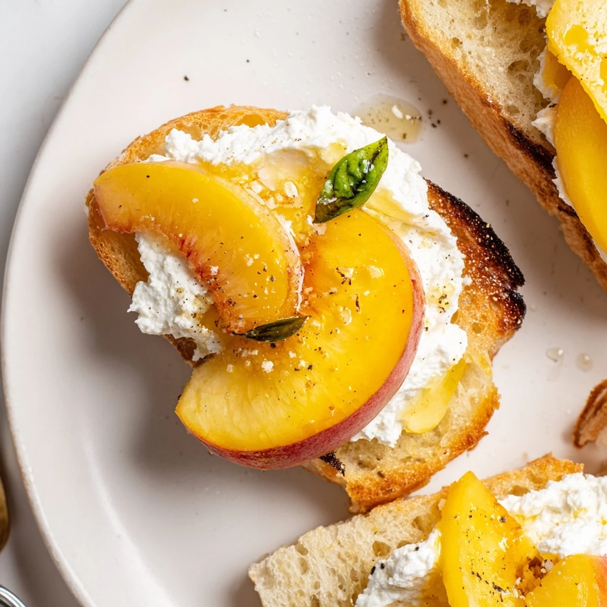 Crisp Peach Bruschetta With Whipped Ricotta, juicy peach slices and torn basil