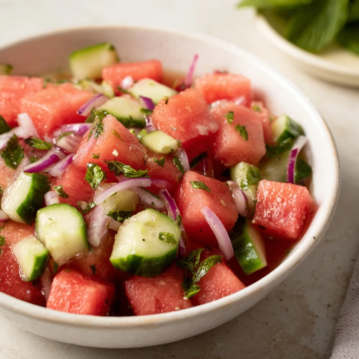 Bright Watermelon Cucumber Salad in wooden bowl, cucumber crunch balances sweet watermelon