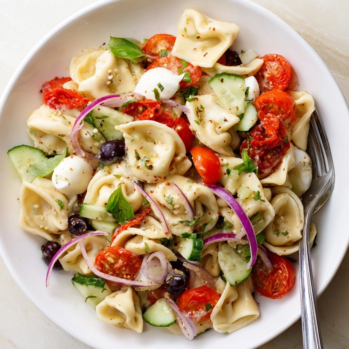 Tortellini Pasta Salad with sun-dried tomatoes and basil, chilled for picnics