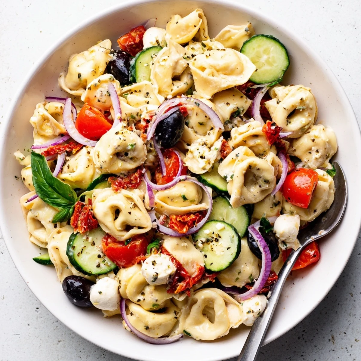 Creamy Tortellini Pasta Salad tossed in zesty Italian dressing, served cold