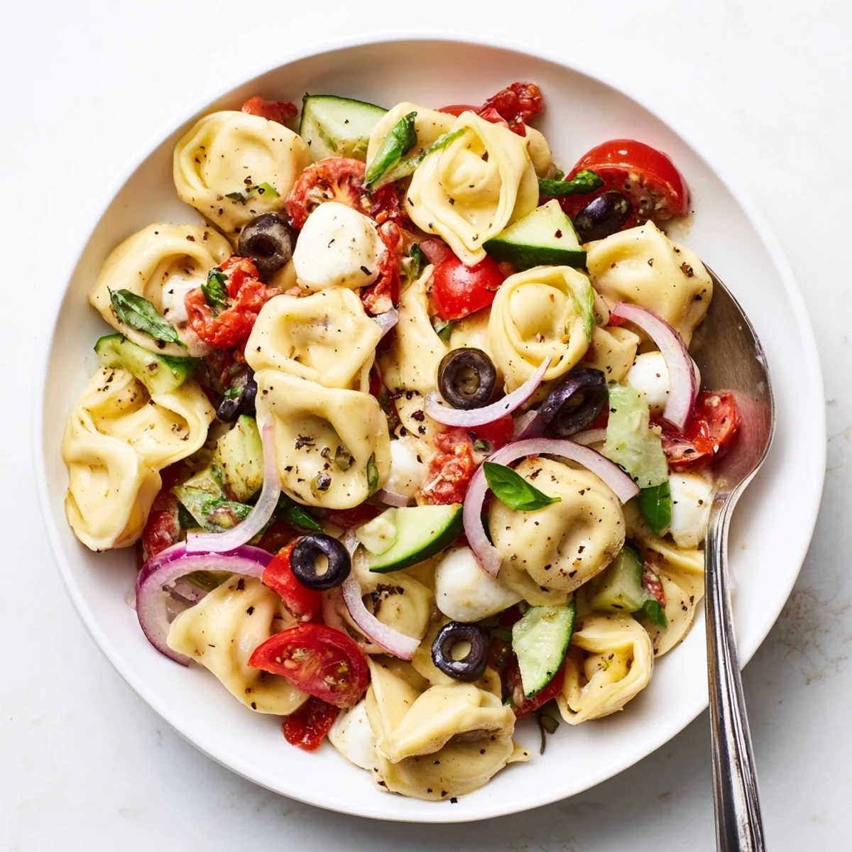 Colorful Tortellini Pasta Salad studded with cherry tomatoes, cucumber, and mozzarella