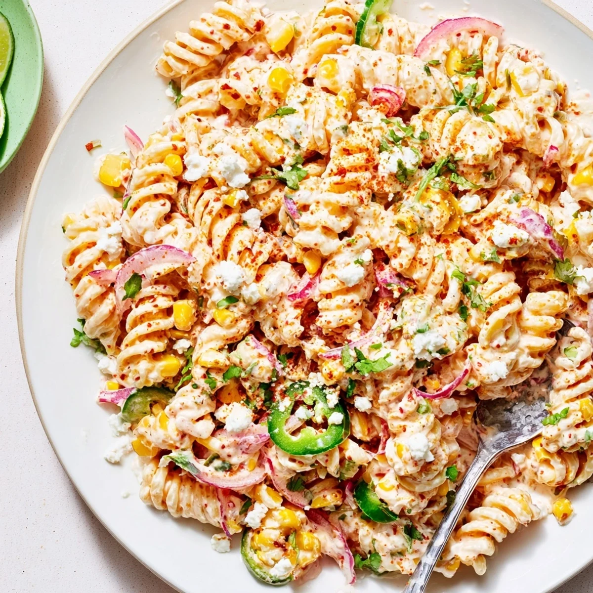 Juicy Street Corn Pasta Salad with charred corn, creamy dressing, lime wedges