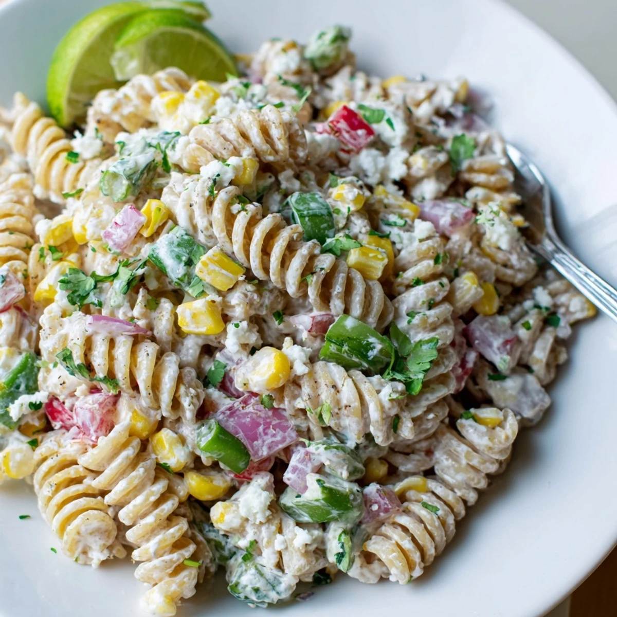 Bright Juicy Street Corn Pasta Salad tossed with cilantro, cotija, and jalapeno