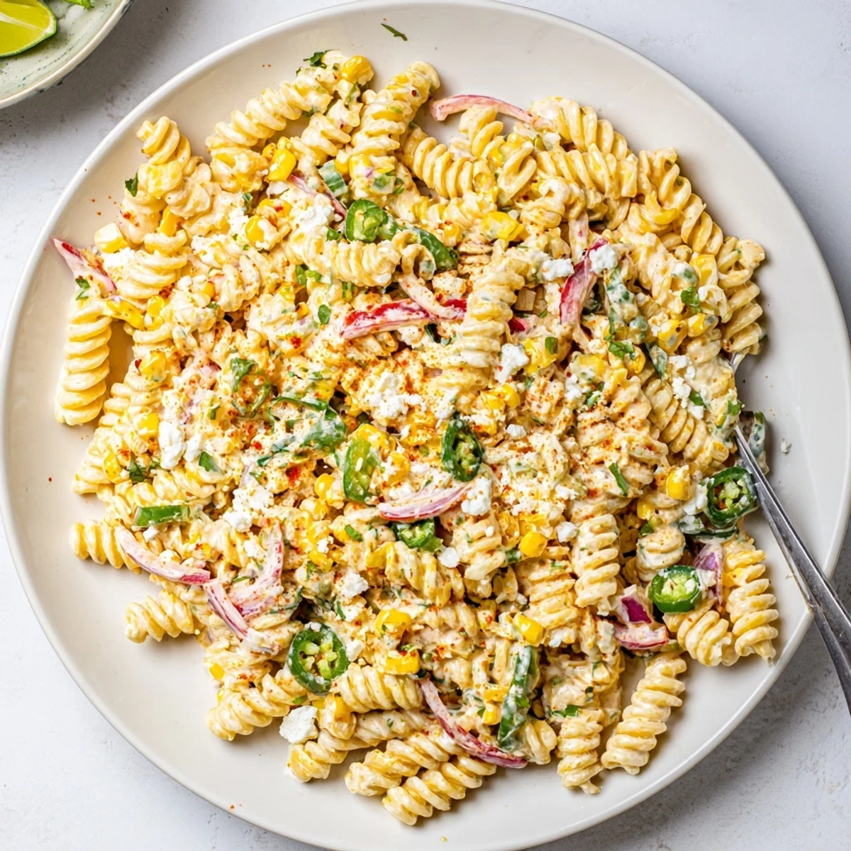 Cold Juicy Street Corn Pasta Salad perfect for summer picnics, smoky spice