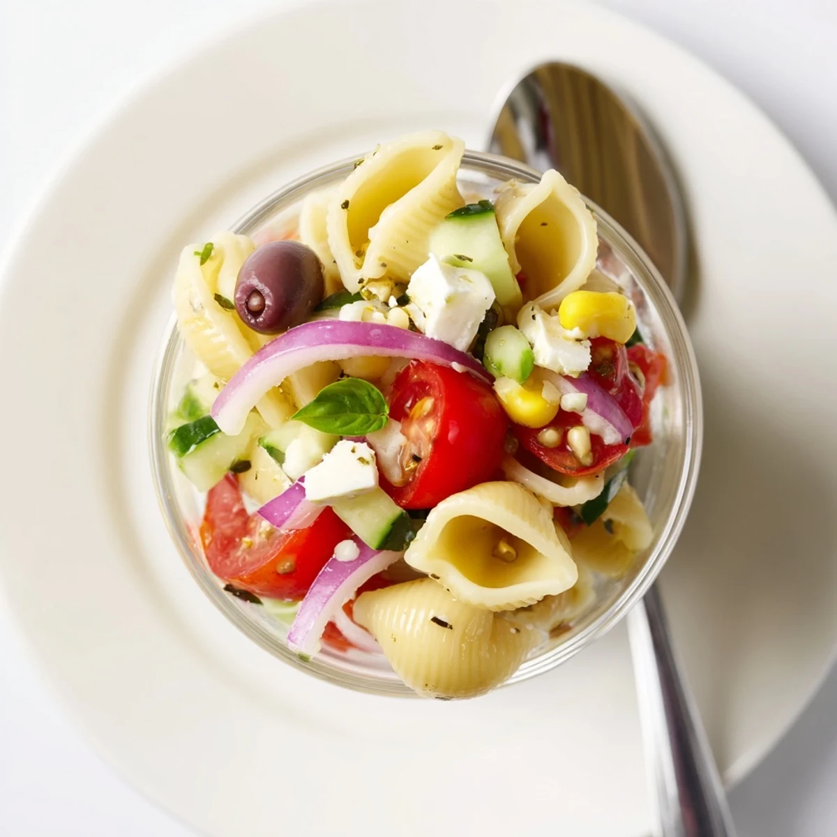Pasta Salad Cups Recipe presented in clear cups with colorful veggies and tangy dressing