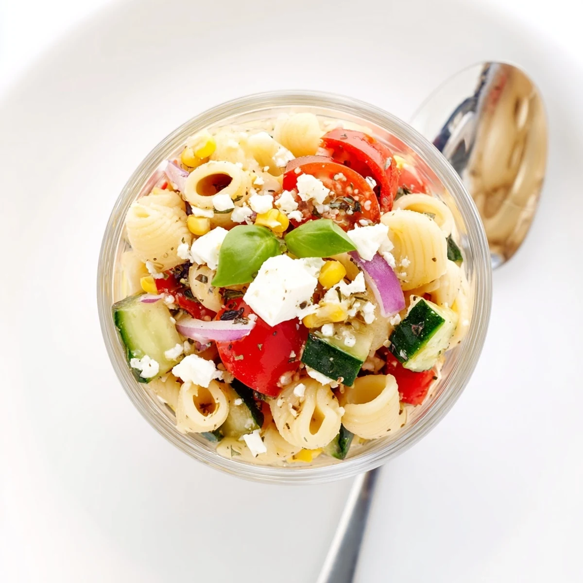 Chilled Pasta Salad Cups Recipe topped with crumbled feta and fresh basil