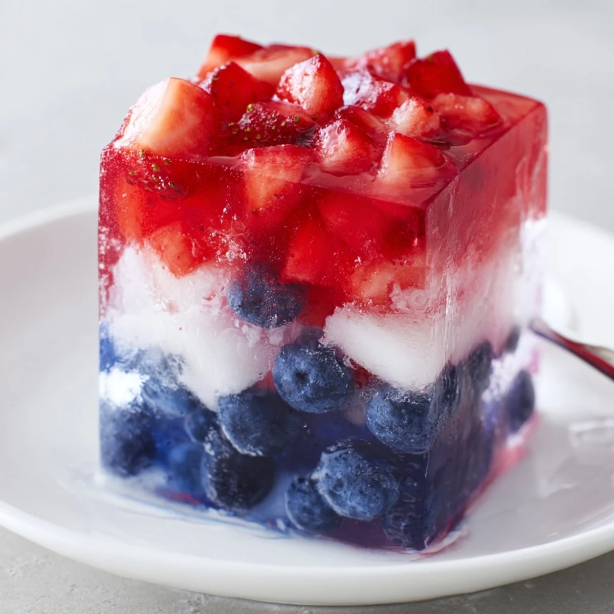 Frosty Red White And Blue Ice Cubes Recipe layered with juicy berries and coconut