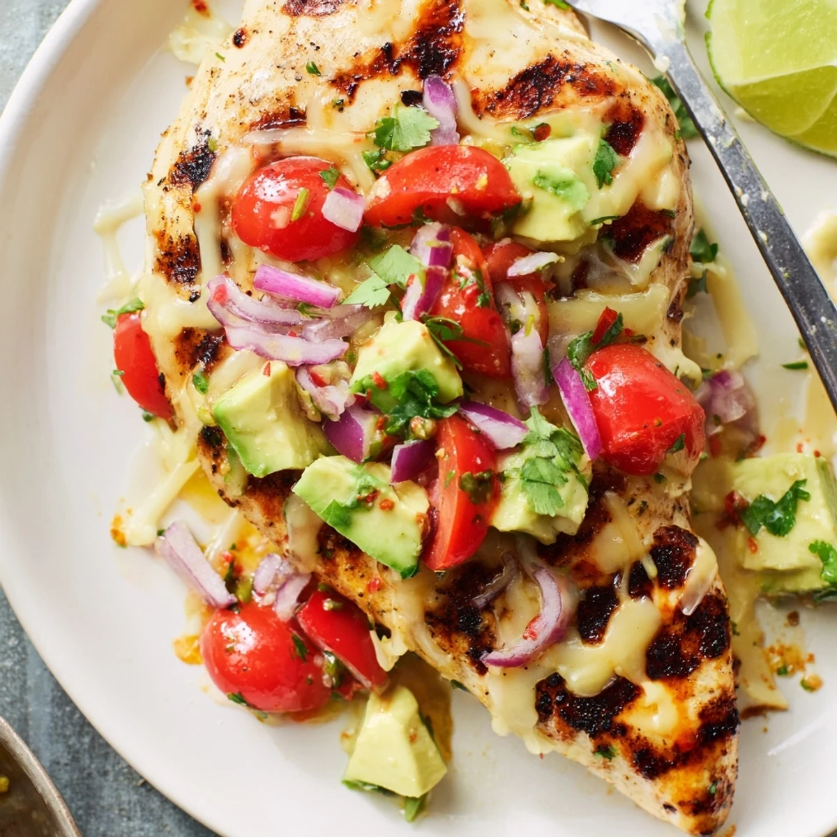 Plate of Fiesta Lime Chicken With Avocado garnished with cilantro and lime
