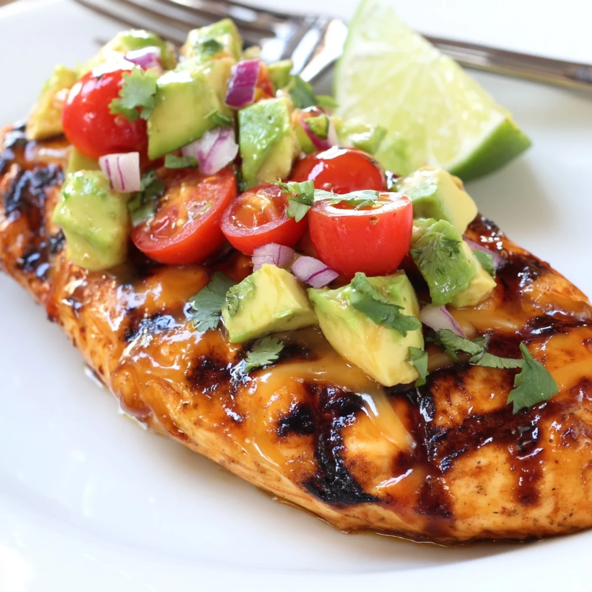Grilled Fiesta Lime Chicken With Avocado topped with juicy cherry tomatoes