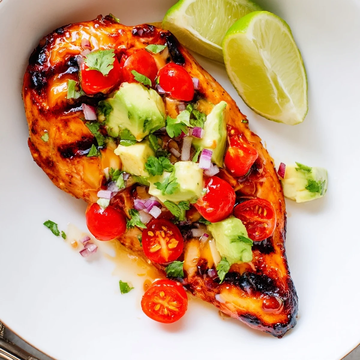 Sliced Fiesta Lime Chicken With Avocado served over rice, bright lime squeeze