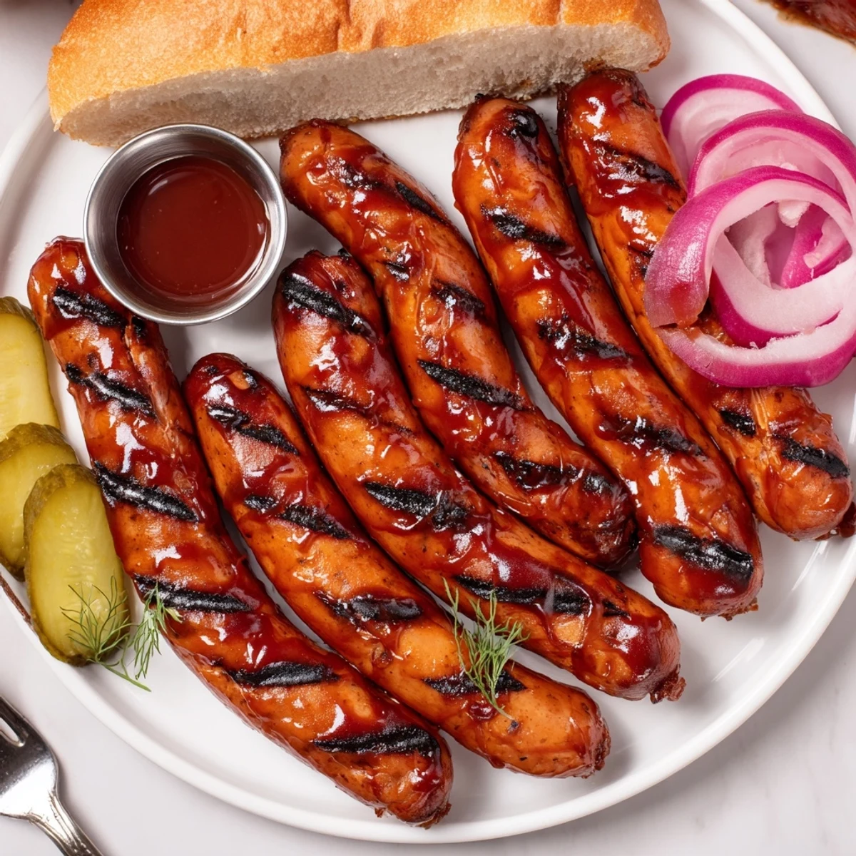 Grilled, caramelized BBQ Sausage Recipe on a bun with tangy slaw