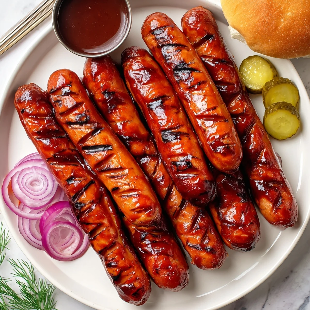 Sizzling BBQ Sausage Recipe served with buttered corn and creamy potato salad