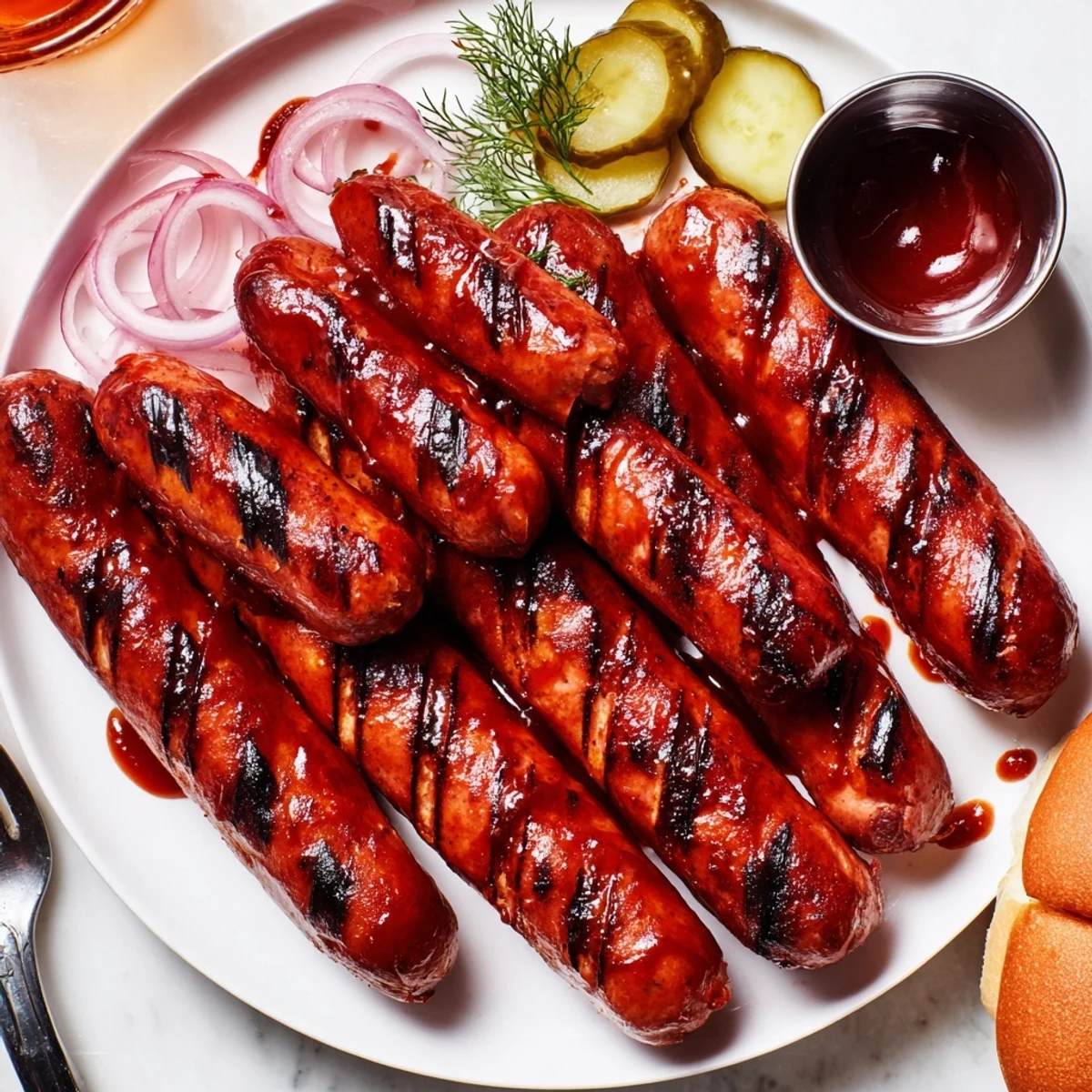 Smoky BBQ Sausage Recipe basted with sticky sauce on hot grill