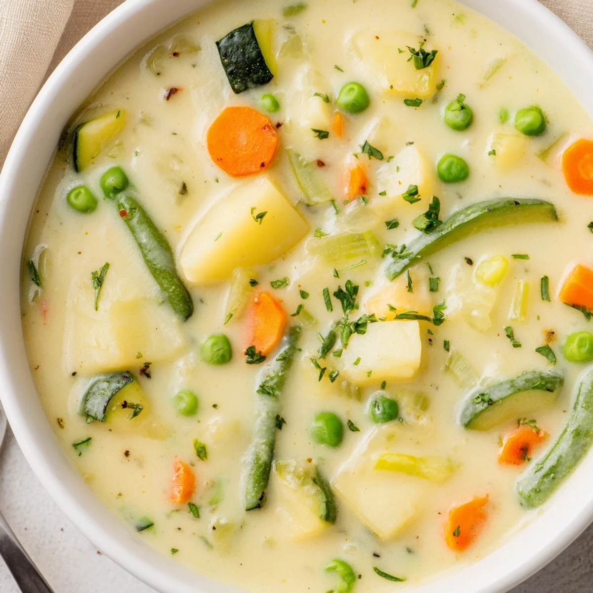 Creamy Vegetable Soup Recipe: velvety green ladle steaming, garnished with parsley