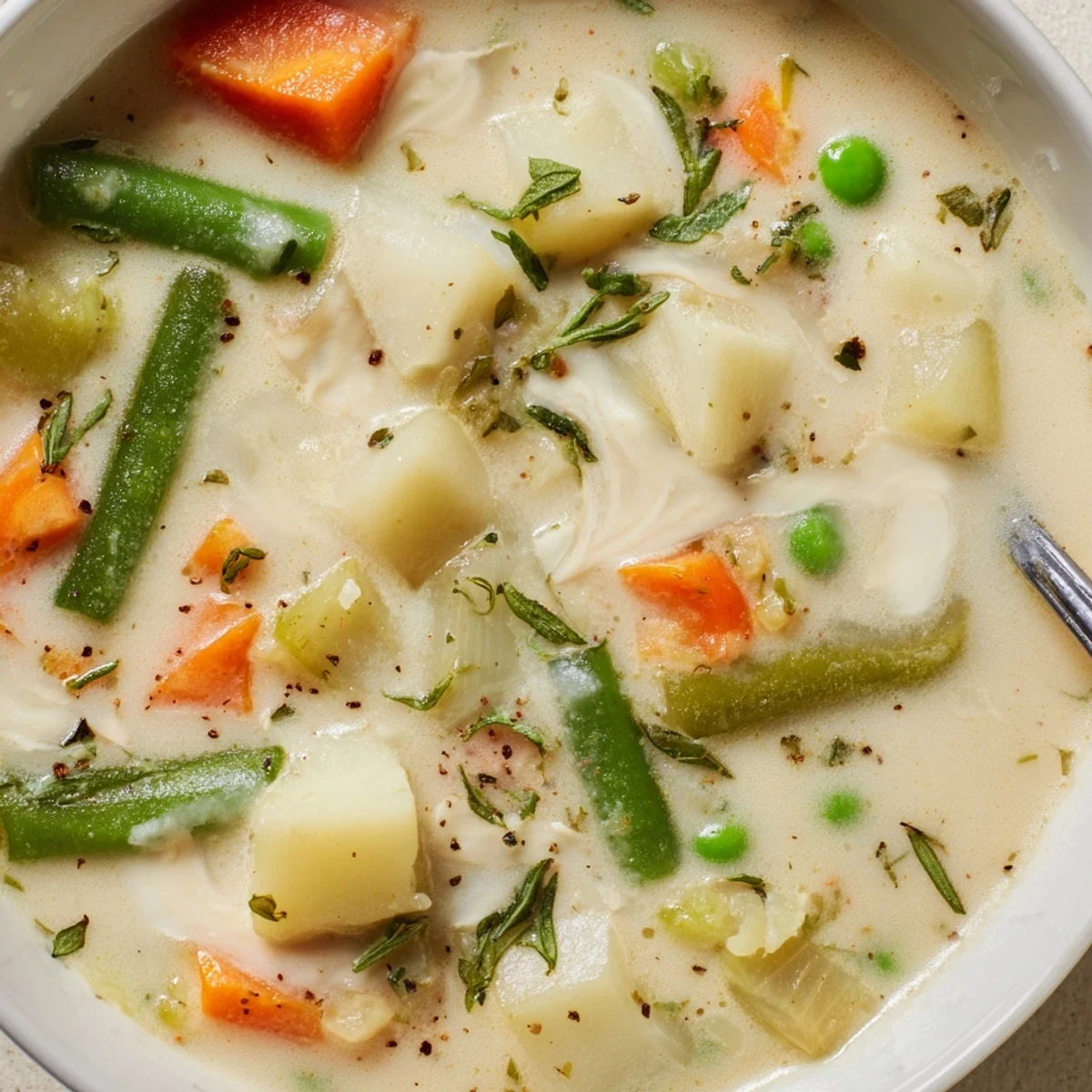 Hearty Creamy Vegetable Soup Recipe steaming in white bowl, carrots visible