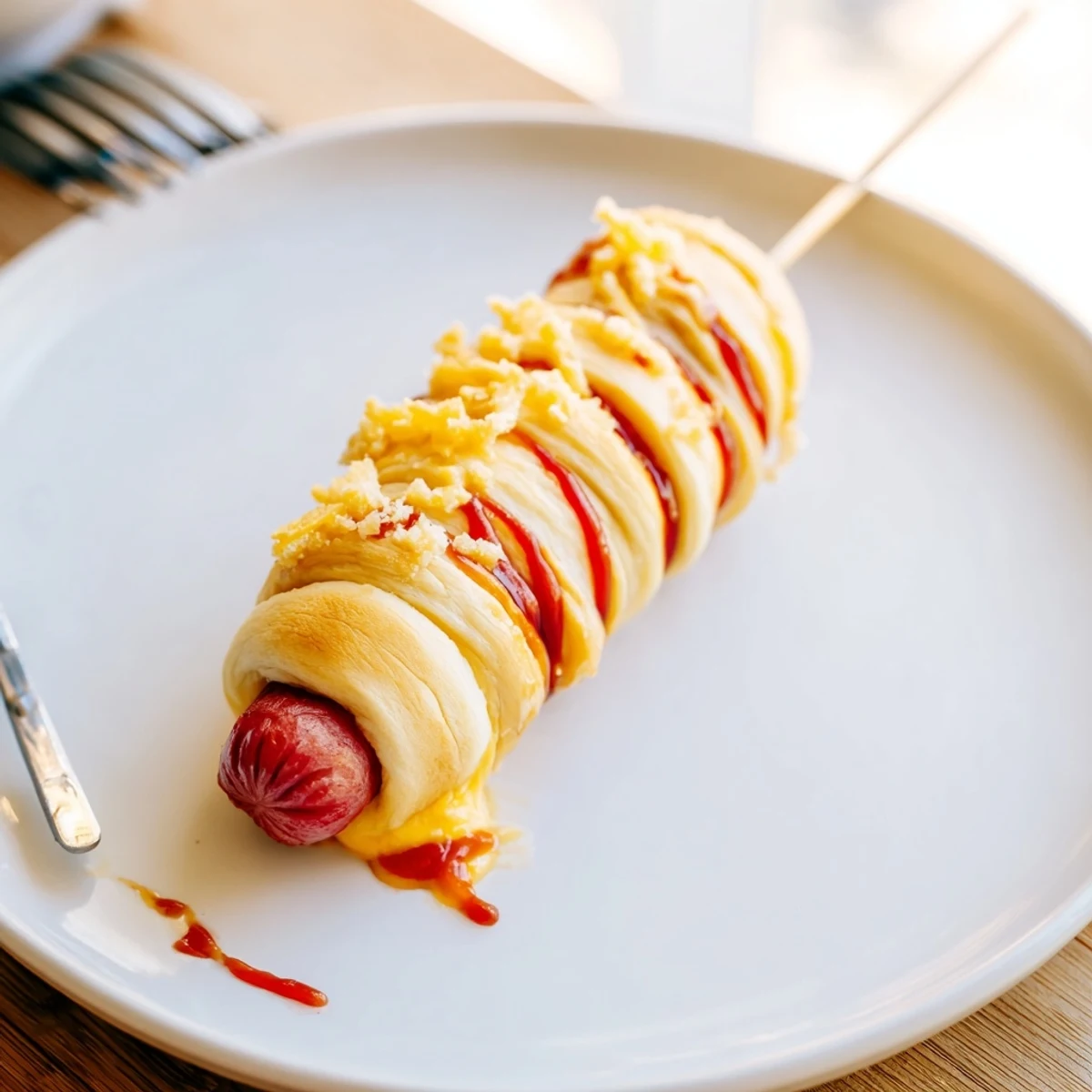 Golden baked Firecracker Hot Dogs on parchment, buttery spiral crust, sesame sprinkles