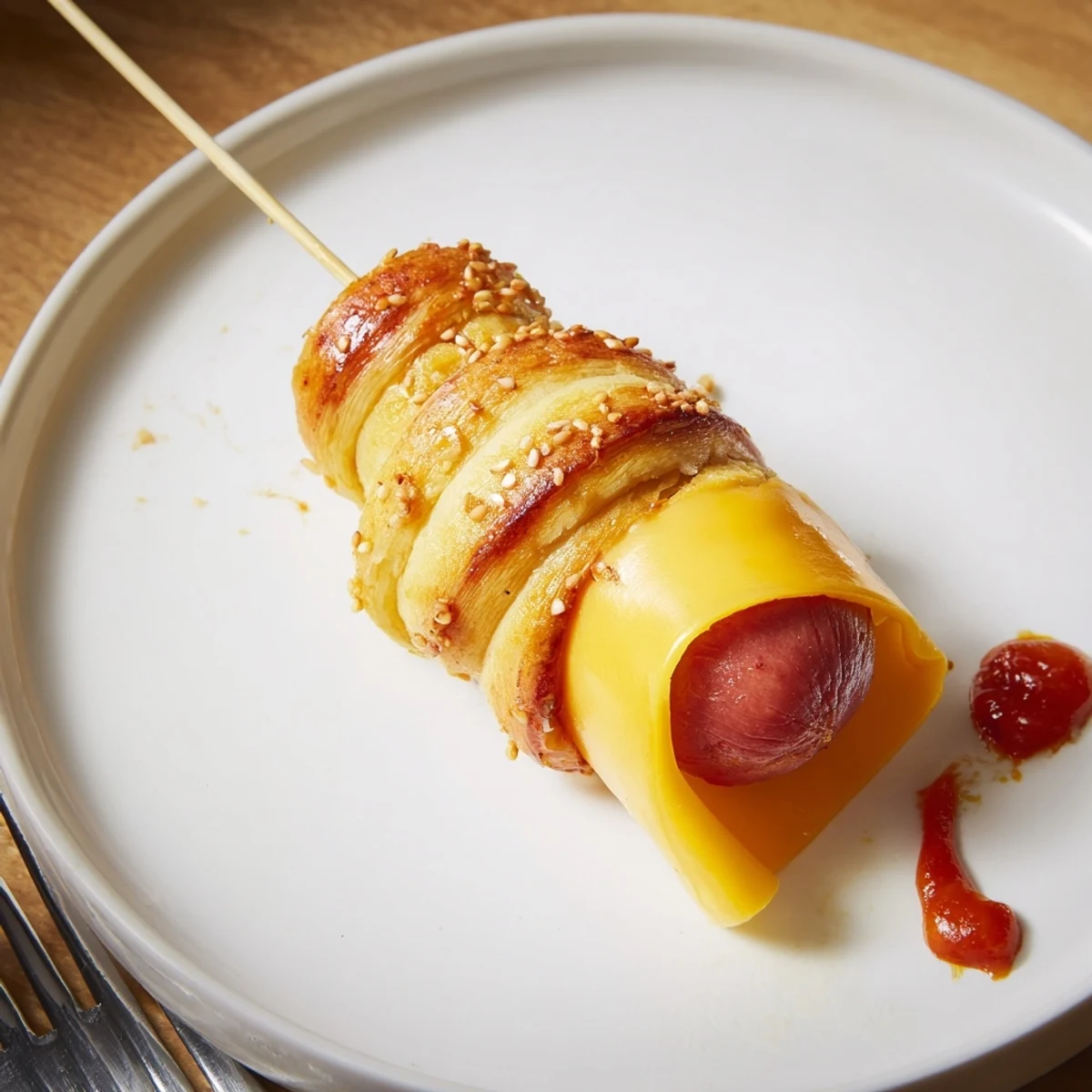 Close-up of Firecracker Hot Dogs skewered like festive pops, ketchup nearby