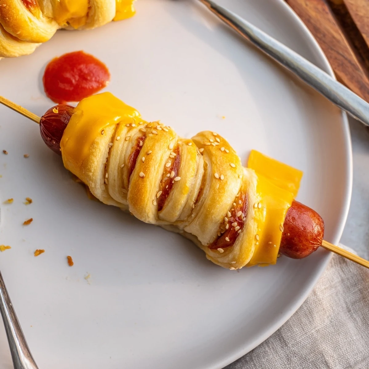 Plate of warm Firecracker Hot Dogs with melty cheddar, mustard dipping sauce
