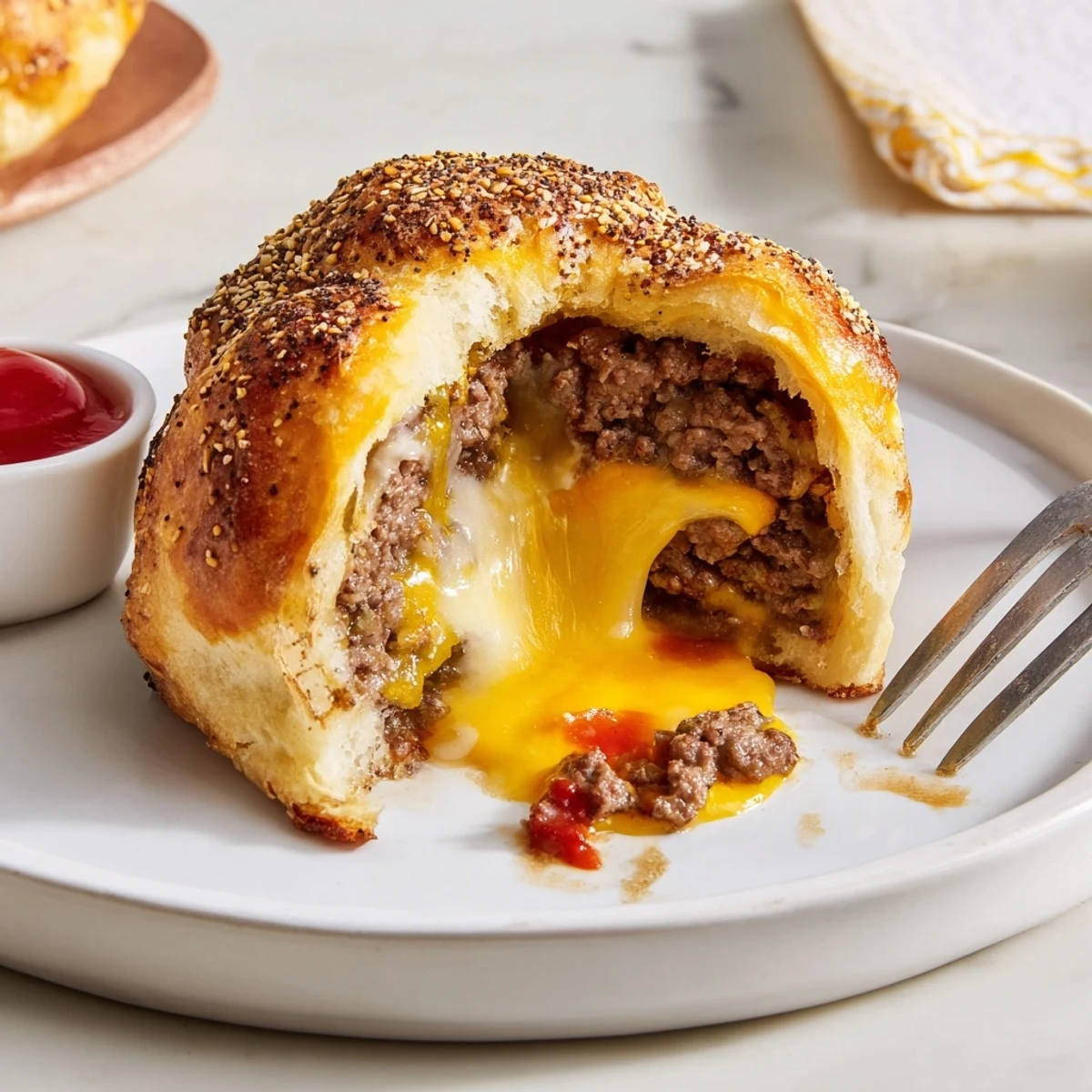 Golden baked Cheesy Cheeseburger Bombs steaming, oozing cheddar, served with ketchup